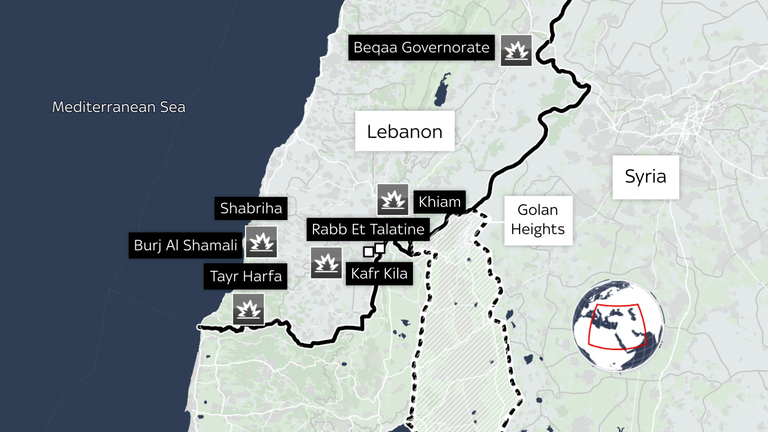 The areas Israel said it hit inside Lebanon