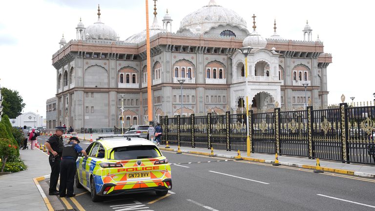 Police outside Siri Guru Nanak Darbar Gurdwara temple in Gravesend. Pic: PA