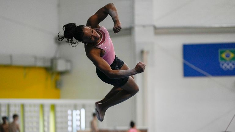 Rebeca Andrade practices her floor routine at Olympic Training Centre in Rio de Janeiro. Pic: AP