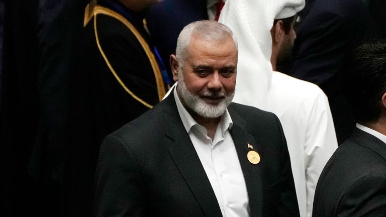 Hamas chief Ismail Haniyeh arrives at the Iranian parliament to attend the swearing-in ceremony of newly-elected President Masoud Pezeshkian, in Tehran, Iran, Tuesday, July 30, 2024. (AP Photo/Vahid Salemi)


