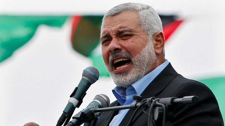 FILE PHOTO: Haniyeh talks to his supporters during a Hamas rally marking the anniversary of the death of its leaders killed by Israel, in Gaza
