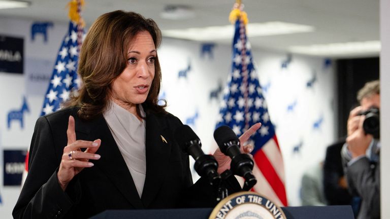 U.S. Vice President Kamala Harris speaks at her Presidential Campaign headquarters in Wilmington, DE, U.S., July 22, 2024. Erin Schaff/Pool via REUTERS