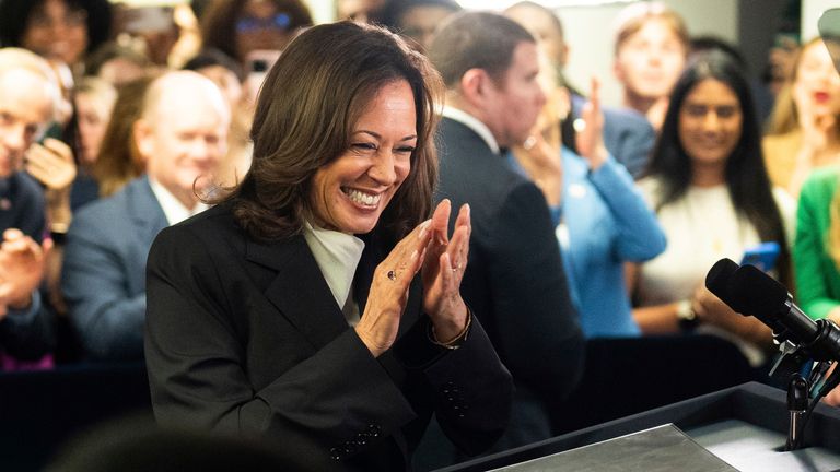 Kamala Harris speaks at her campaign headquarters in Delaware, yesterday. Pic: AP