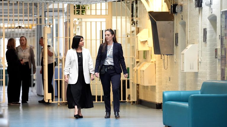 Justice Secretary Shabana Mahmood, with Governor Sarah Bott, during a visit to  HMP Bedford.
Pic: PA