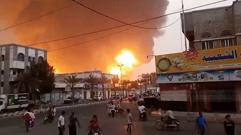 Fire blazes into the sky in Hodeidah, Yemen. Pic: AP