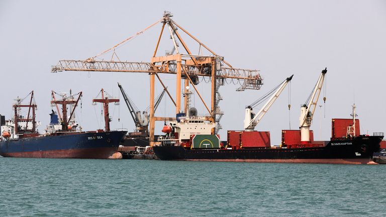 Commercial ships docked at Houthi-held Red Sea port of Hodeidah. Pic: Reuters