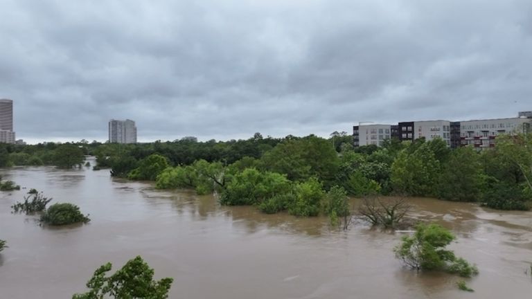 A drone view shows a flooded area, in the aftermath of Hurricane Beryl, in Houston, Texas, U.S. July 8, 2024, in this screen grab taken from a social media video. @cjblain10 via X/via REUTERS THIS IMAGE HAS BEEN SUPPLIED BY A THIRD PARTY. MANDATORY CREDIT. NO RESALES. NO ARCHIVES.