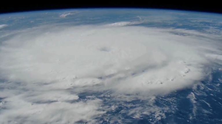 Pic: International Space Station/X/Reuters
Hurricane Beryl is seen from Space, July 1, 2024, in this screengrab obtained from a handout video. International Space Station via X/Handout via REUTERS THIS IMAGE HAS BEEN SUPPLIED BY A THIRD PARTY NO RESALES. NO ARCHIVES MANDATORY CREDIT