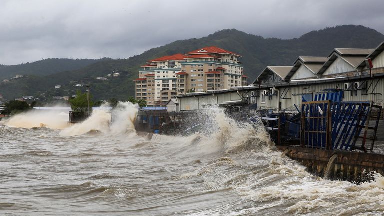 Waves crash into a sea wall after Hurricane Beryl made landfall, in Port of Spain, Trinidad and Tobago July 1, 2024. REUTERS/Andrea De Silva