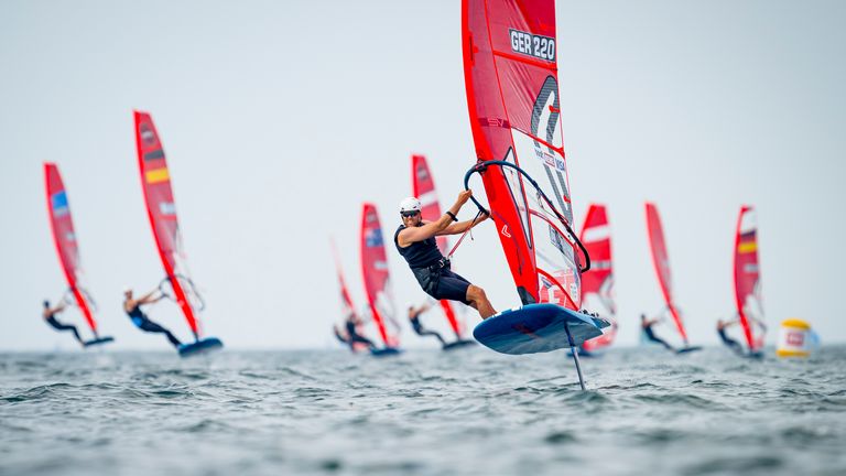 iQ-Foiler Sebastian K'rdel seen leading a race in 2023. Pic: Sascha Klahn/picture-alliance/dpa/AP 