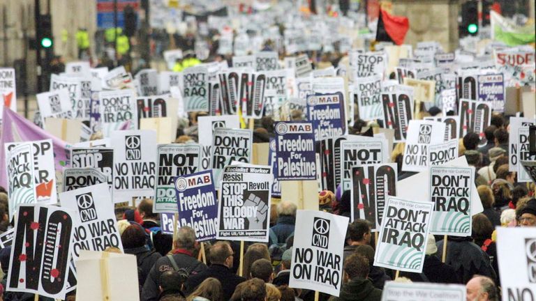 Mass protest weeks before the start of the Iraq War in 2003. Photo: AP