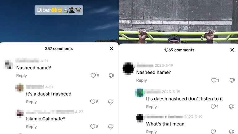 TikTok users informing others that a sound is an Islamic State nasheed.