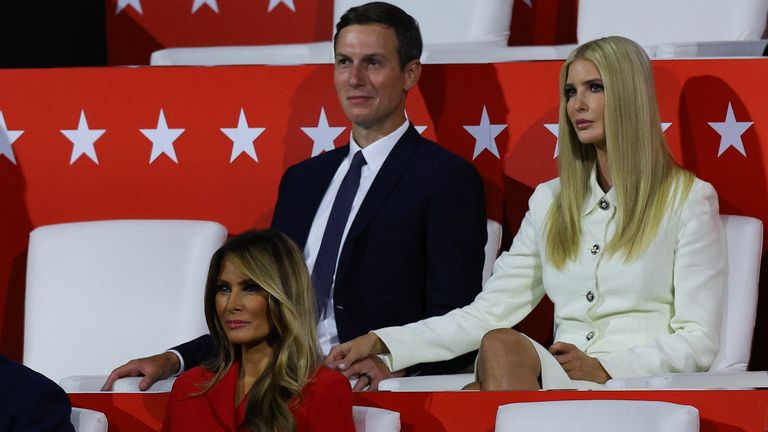 Melania Trump, Ivanka Trump and Jared Kushner sit in the VIP box on Day 4 of the Republican National Convention (RNC), at the Fiserv Forum in Milwaukee, Wisconsin, U.S., July 18, 2024. REUTERS/Brian Snyder