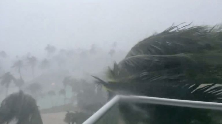 Trees bend in the strong winds from Hurricane Beryl in Montego Bay, Jamaica, July 3, 2024 in this still image obtained from social media video. "@curtiskitchen" via X/via REUTERS THIS IMAGE HAS BEEN SUPPLIED BY A THIRD PARTY. MANDATORY CREDIT. NO RESALES. NO ARCHIVES.