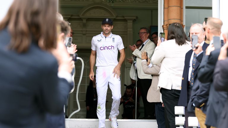 James Anderson following his final test for England on day three of the first Rothesay Men's Test match at Lord's Cricket Ground, London. Picture date: Friday July 12, 2024.

