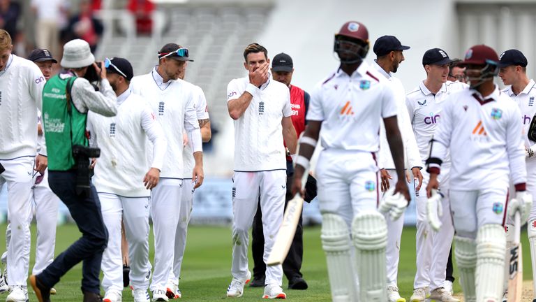 James Anderson leaves the field after his final Test for England on day three of the first Rothesay Men's Test match at Lord's Cricket Ground, London.  Photo date: Friday, July 12, 2024. PA photo.  See PA Story CRICKET England.  Photo credit should read: Steven Paston/PA Wire...RESTRICTIONS: Editorial use only.  No commercial use is permitted without the prior written consent of the ECB.  For use on still images only.  There are no moving images to emulate the broadcast.  Removing or hiding sponsor logos is not permitted.