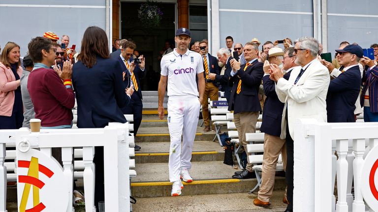 James Anderson is applauded as he walks back out onto the field after winning his final test match.
Pic: Reuters