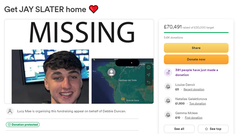 The GoFundMe page for Jay Slater sat at more than £70,000 as of Saturday. Pic: Screenshot/GoFundMe