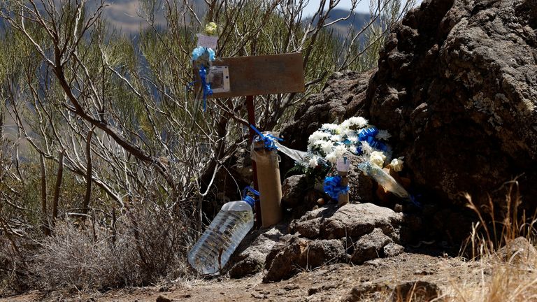 Flowers left by family of British teenager Jay Slater, near the site where his body was found, in Masca, on the island of Tenerife, Spain, July 17, 2024. REUTERS/Jesus Cabrera