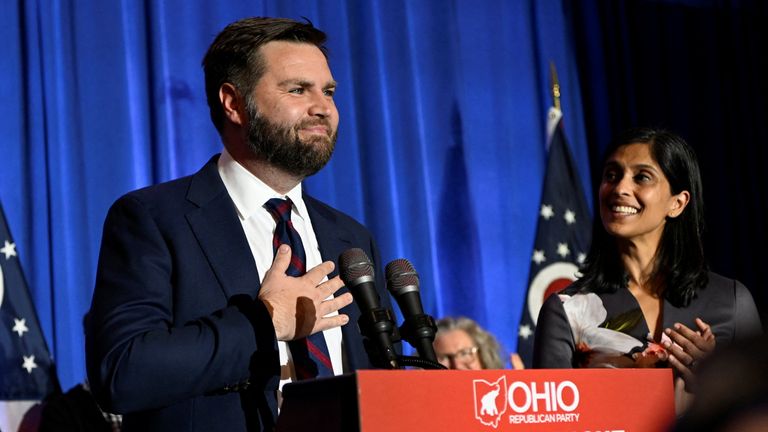 Republican Ohio U.S. Senate candidate J.D. Vance celebrates being declared the winner of his Senate race with his wife Usha at his side at his 2022 U.S. midterm elections night party in Columbus, Ohio, U.S., November 8, 2022. REUTERS/Gaelen Morse