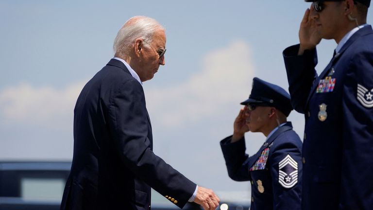 U.S. President Joe Biden walks to Air Force One, as he departs on campaign travel to Wisconsin at Joint Base Andrews, Maryland, U.S., July 5, 2024. REUTERS/Nathan Howard