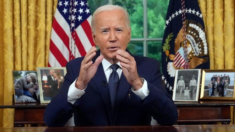 President Joe Biden addresses the nation from the Oval Office of the White House in Washington, Sunday, July 14, 2024, about the assassination attempt of Republican presidential candidate former President Donald Trump at a campaign rally in Pennsylvania. (Erin Schaff/The New York Times via AP, Pool)