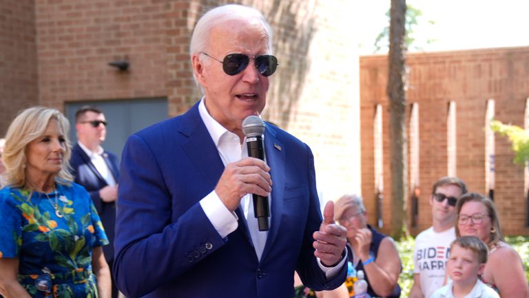 Joe Biden speaks to supporters on 7 July. Pic: AP/Manuel Balce Ceneta