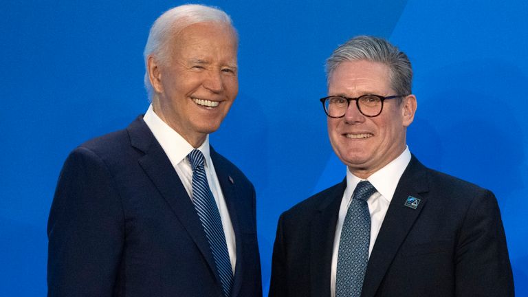 President Joe Biden, left, greets Prime Minister Keir Starmer. Pic: AP