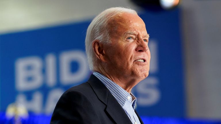 Joe Biden speaking at the rally in Wisconsin. Pic: Reuters