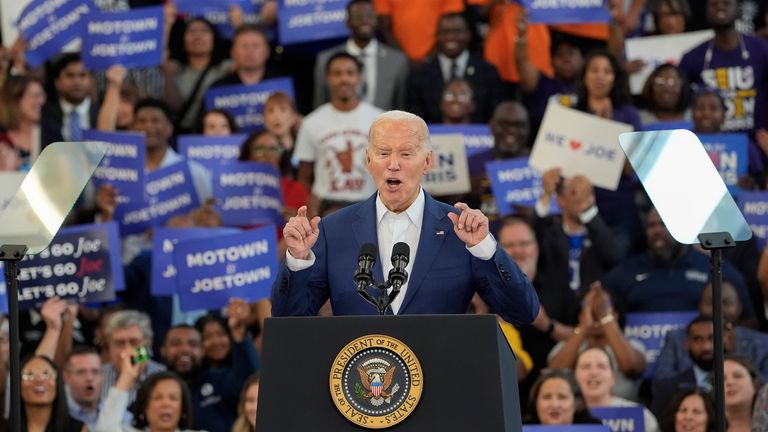 Joe Biden gestures while speaking to supporters at a campaign event in Detroit on 12 July. Pic: AP Photo/Carlos Osorio