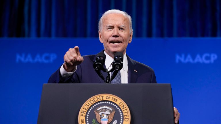 President Joe Biden speaks at the 115th NAACP National Convention in Las Vegas, Tuesday, July 16, 2024. Biden is aiming to showcase his administration&#39;s support for Black voters. (AP Photo/Susan Walsh)