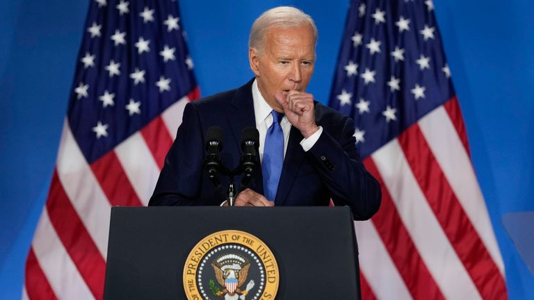 President Joe Biden had to clear his throat a number of times during the news conference. Pic: AP Photo/Matt Rourke