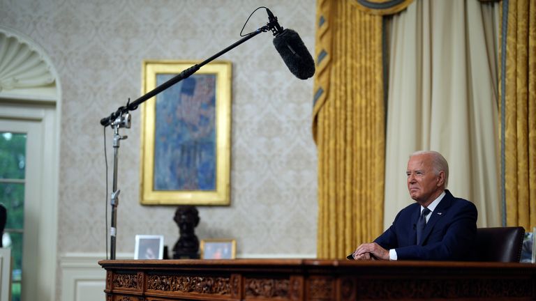 President Joe Biden addresses the nation from the Oval Office of the White House in Washington, Sunday, July 14, 2024, about the assassination attempt of Republican presidential candidate former President Donald Trump at a campaign rally in Pennsylvania. (Erin Schaff/The New York Times via AP, Pool)