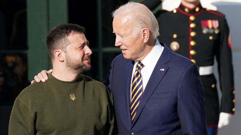 Ukrainian President Volodymyr Zelenskyy on the White House lawn with Mr Biden in 2022. Pic: Reuters