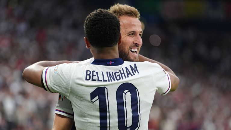England&#39;s Harry Kane celebrates with Jude Bellingham after scoring their side&#39;s second goal of the game during the UEFA Euro 2024, round of 16 match at the Arena AufSchalke in Gelsenkirchen, Germany. Picture date: Sunday June 30, 2024.