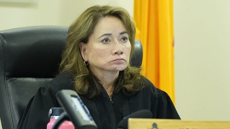 Judge Mary Marlowe Sommer presides over US actor Alec Baldwin's trial on involuntary manslaughter at Santa Fe County District Court in Santa Fe, New Mexico, on July 12, 2024. In October 2021, on the New Mexico set of the Western movie "Rust," a gun pointed by Baldwin discharged a live round, killing the film's cinematographer Halyna Hutchins and wounding its director. RAMSAY DE GIVE/Pool via REUTERS 