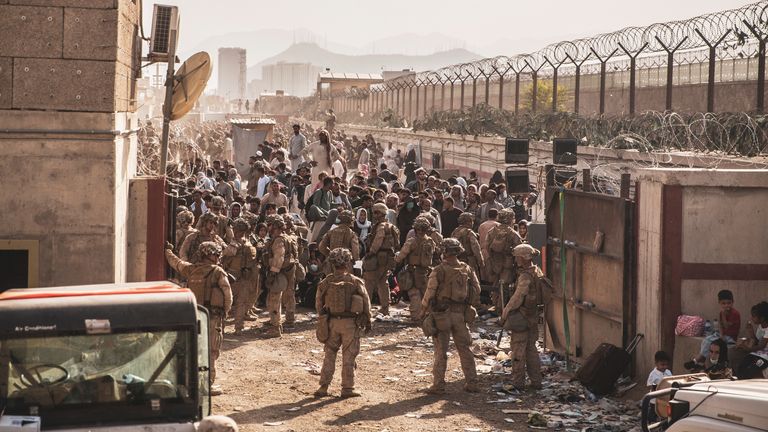 US Marines at Kabul airport ahead of the withdrawal of US troops in 2021. Pic: Reuters