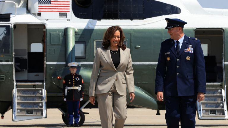 U.S. Vice President Kamala Harris walks to board Air Force Two as she departs on campaign travel to North Carolina at Joint Base Andrews, Maryland.
Pic: Reuters