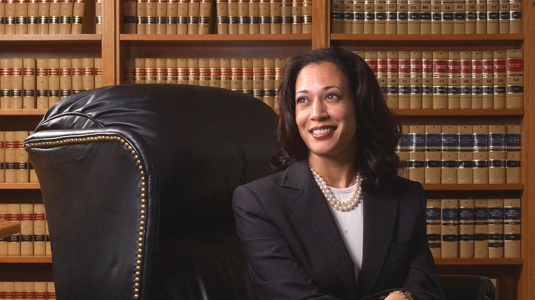 Kamala Harris poses for photo after becoming San Francisco district attorney in 2004. Pic: PA