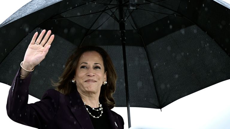 Kamala Harris boards Air Force Two as she departs from Ellington Airport in Houston, Texas. Pic: AP