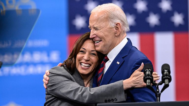 Vice President Kamala Harris embraces President Joe Biden after a speech on healthcare in Raleigh, N.C., Tuesday, March. 26, 2024. (AP Photo/Matt Kelley)