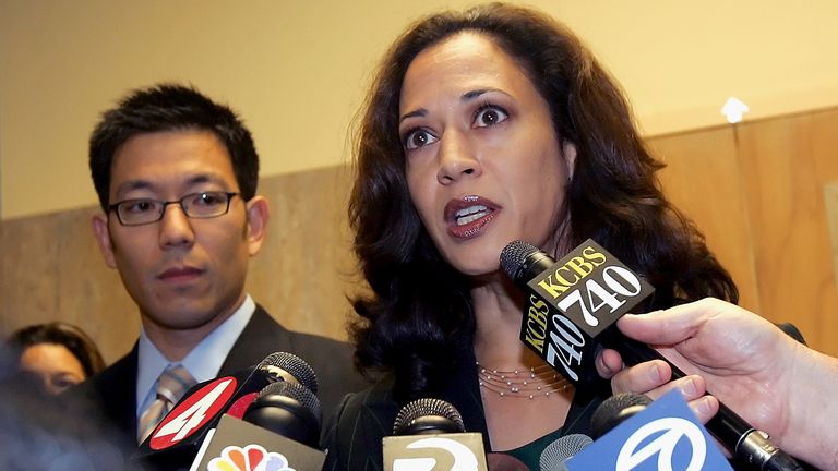 Kamala Harris speaks at a 2005 press conference as San Francisco district attorney.  Photo: AP