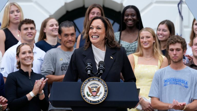 Vice President Kamala Harris speaks from the South Lawn of the White House in Washington, Monday, July 22, 2024, during an event with NCAA college athletes. This is her first public appearance since President Joe Biden endorsed her to be the next presidential nominee of the Democratic Party. (AP Photo/Susan Walsh)