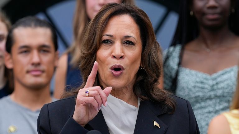 Vice President Kamala Harris speaks from the South Lawn of the White House in Washington, Monday, July 22, 2024, during an event with NCAA college athletes. This is her first public appearance since President Joe Biden endorsed her to be the next presidential nominee of the Democratic Party. (AP Photo/Susan Walsh)