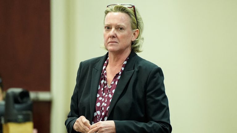 Special prosecutor Kari Morrissey looks on during US actor Alec Baldwin's trial for involuntary manslaughter at Santa Fe County District Court in Santa Fe, New Mexico, on July 12, 2024. In October 2021, on the New Mexico set of the Western movie "Rust," a gun pointed by Baldwin discharged a live round, killing the film's cinematographer Halyna Hutchins and wounding its director. RAMSAY DE GIVE/Pool via REUTERS
