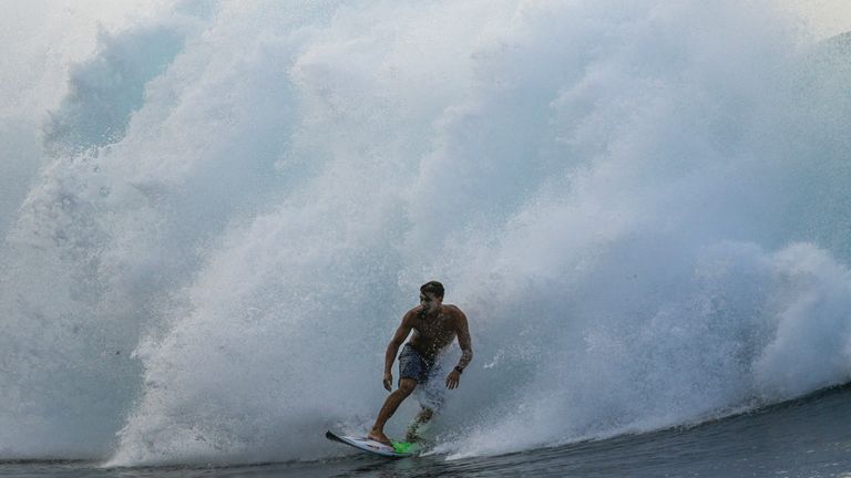 Kauli Vaast riding wave in Teahupo'o, Tahiti, earlier this year. Pic: AP