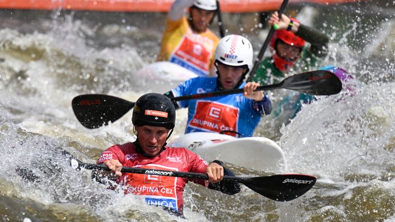 Competitors during kayak cross final race at the 2024 ICF Canoe Slalom World Cup Prague. Pic: AP