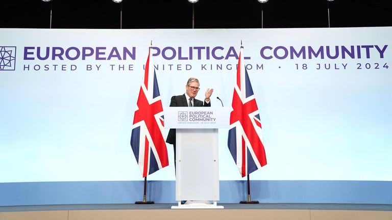 Keir Starmer speaking at a press conference during the European Political Community summit at Blenheim Palace.
Pic: PA 