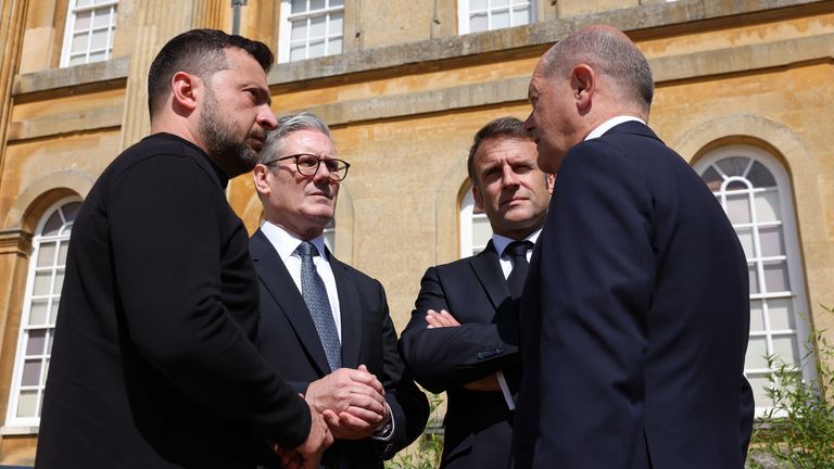 Keir Starmer  with Olaf Scholz, Volodymyr Zelenskyy and  Emmanuel Macron.
Pic:No 10 Downing Street