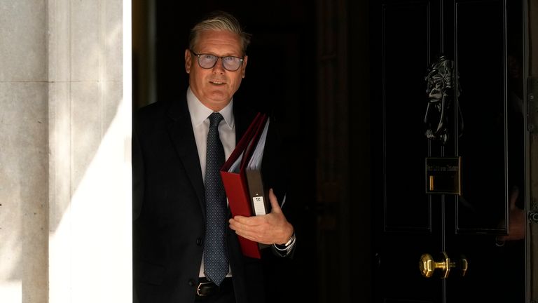 Keir Starmer leaves 10 Downing Street to attend the weekly Prime Ministers' Questions.
Pic:AP